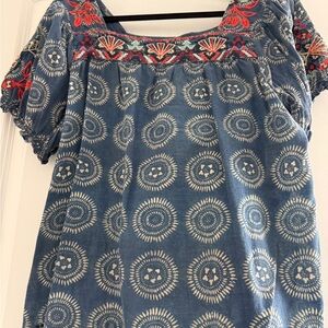 Johnny Was Blue Peasant Blouse with Red-Orange Embroidery